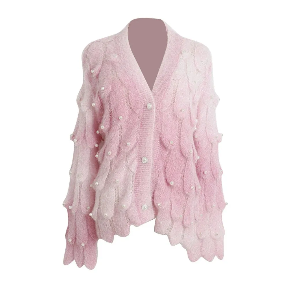Gradient Casual Loose Knitting Sweaters For Women V Neck Long Sleeve Patchwork Pearls Temperament Sweater Female