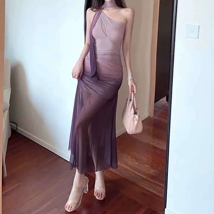 Gradient Color Ribbon One Shoulder Mesh Dress