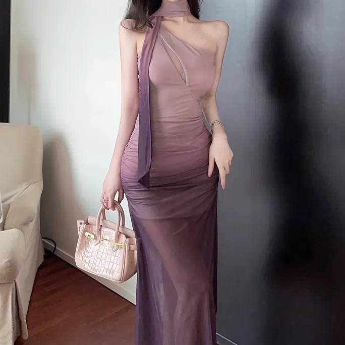 Gradient Color Ribbon One Shoulder Mesh Dress