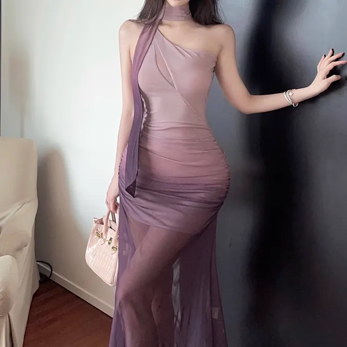 Gradient Color Ribbon One Shoulder Mesh Dress
