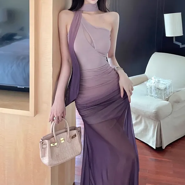 Gradient Color Ribbon One Shoulder Mesh Dress