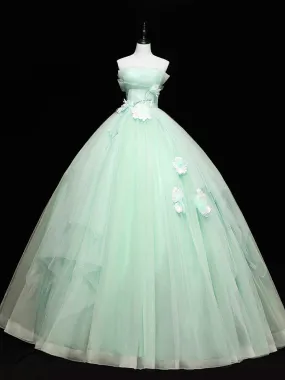 Green Tulle Lace Applique Long Prom Dresses, Green Sweet 16 Dresses