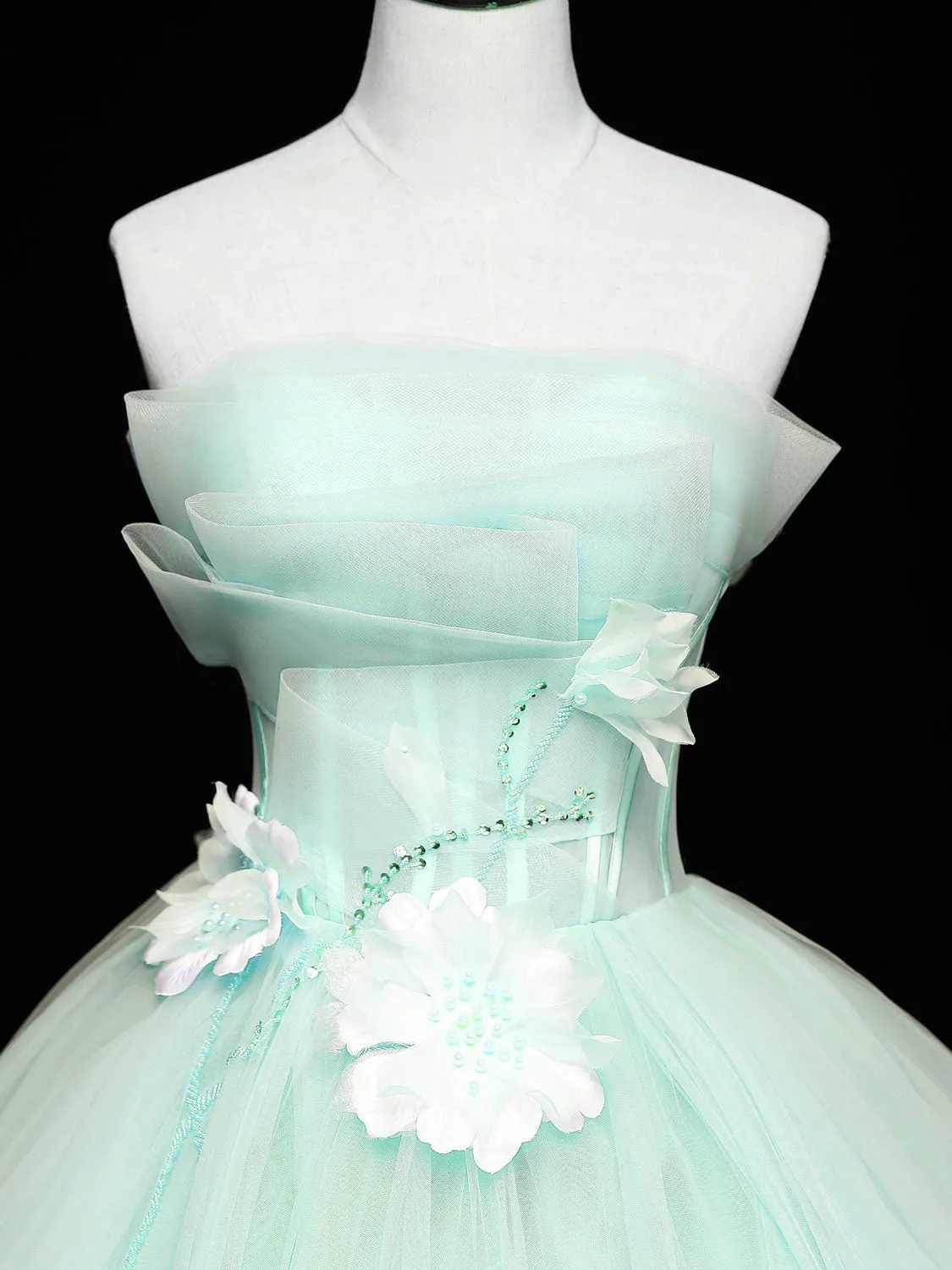 Green Tulle Lace Applique Long Prom Dresses, Green Sweet 16 Dresses
