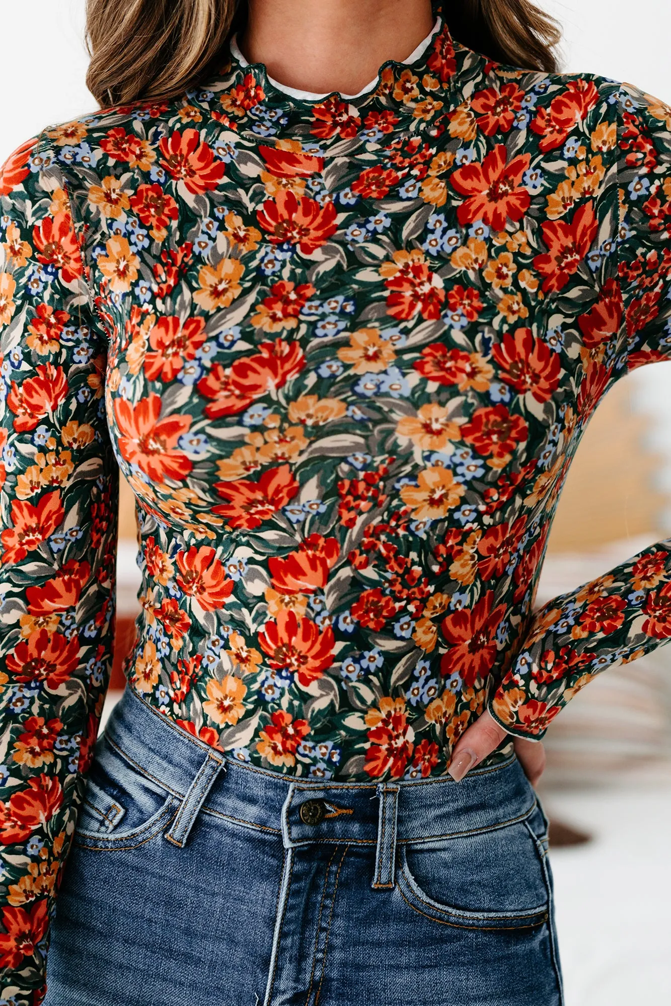 In A Good Place Floral Mock Neck Bodysuit (Rust/Teal)