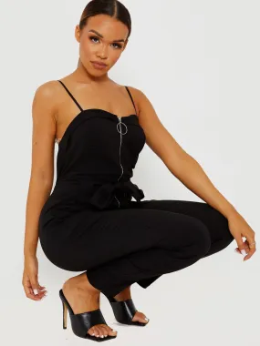 Keyra Zip Front Belted Cami Jumpsuit In Black