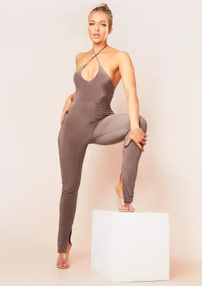 Kim Brown Cross Strap Slinky Double Thickness Split Hem Jumpsuit