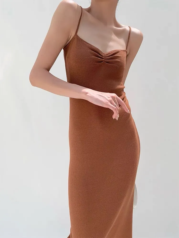 Knitted Cami Slip Dress in Brown
