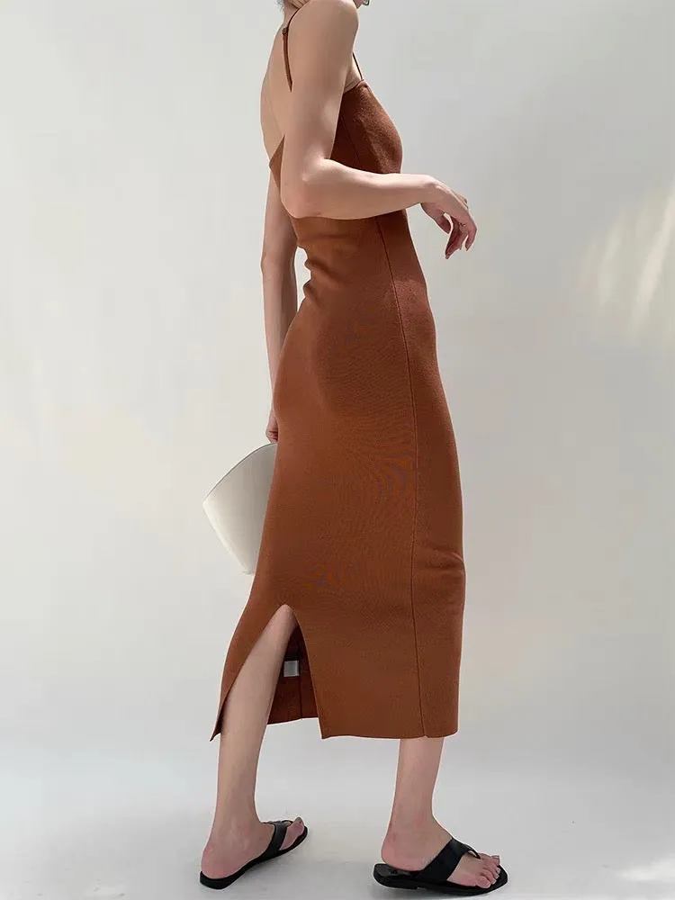 Knitted Cami Slip Dress in Brown