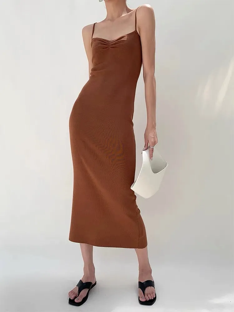 Knitted Cami Slip Dress in Brown