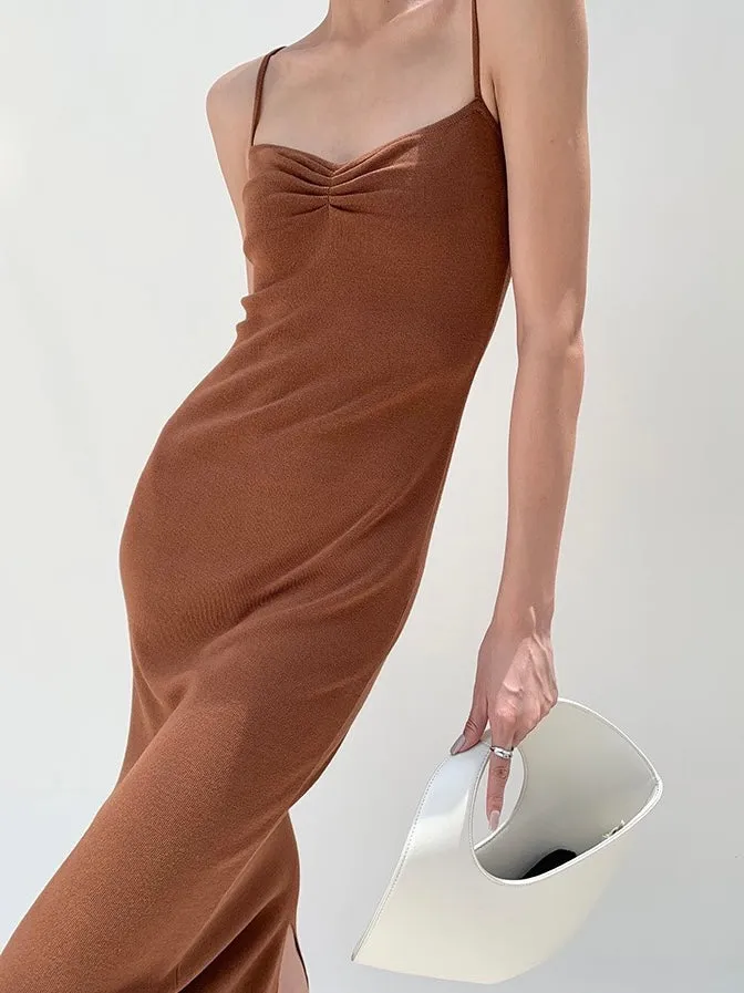 Knitted Cami Slip Dress in Brown