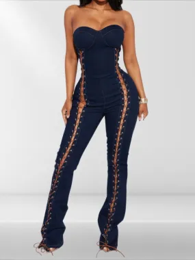 Lace Up Detail Denim Jumpsuit