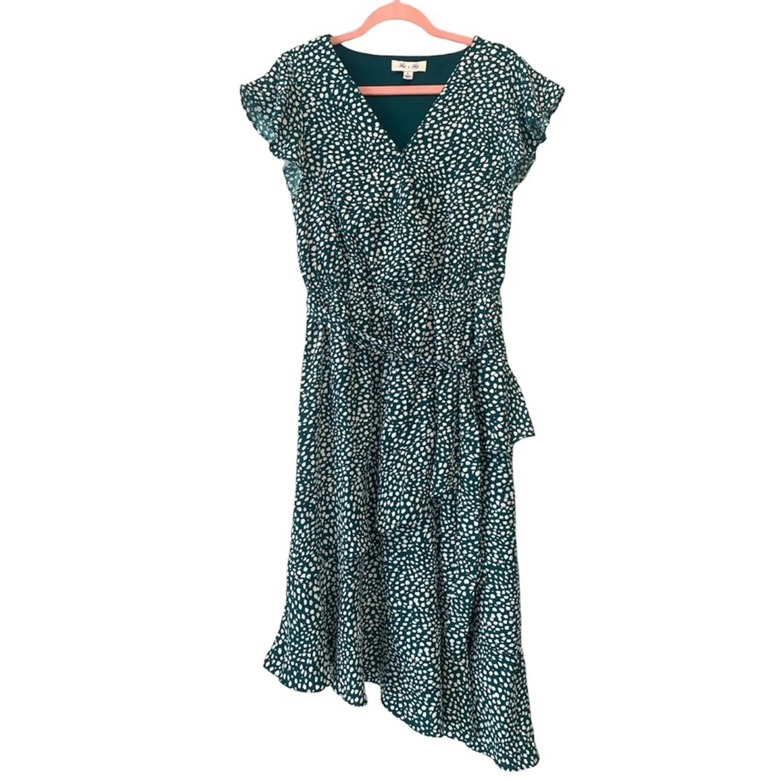 Large She   Sky Asymmetrical Green & White Polka Dot Ruffle Midi Dress