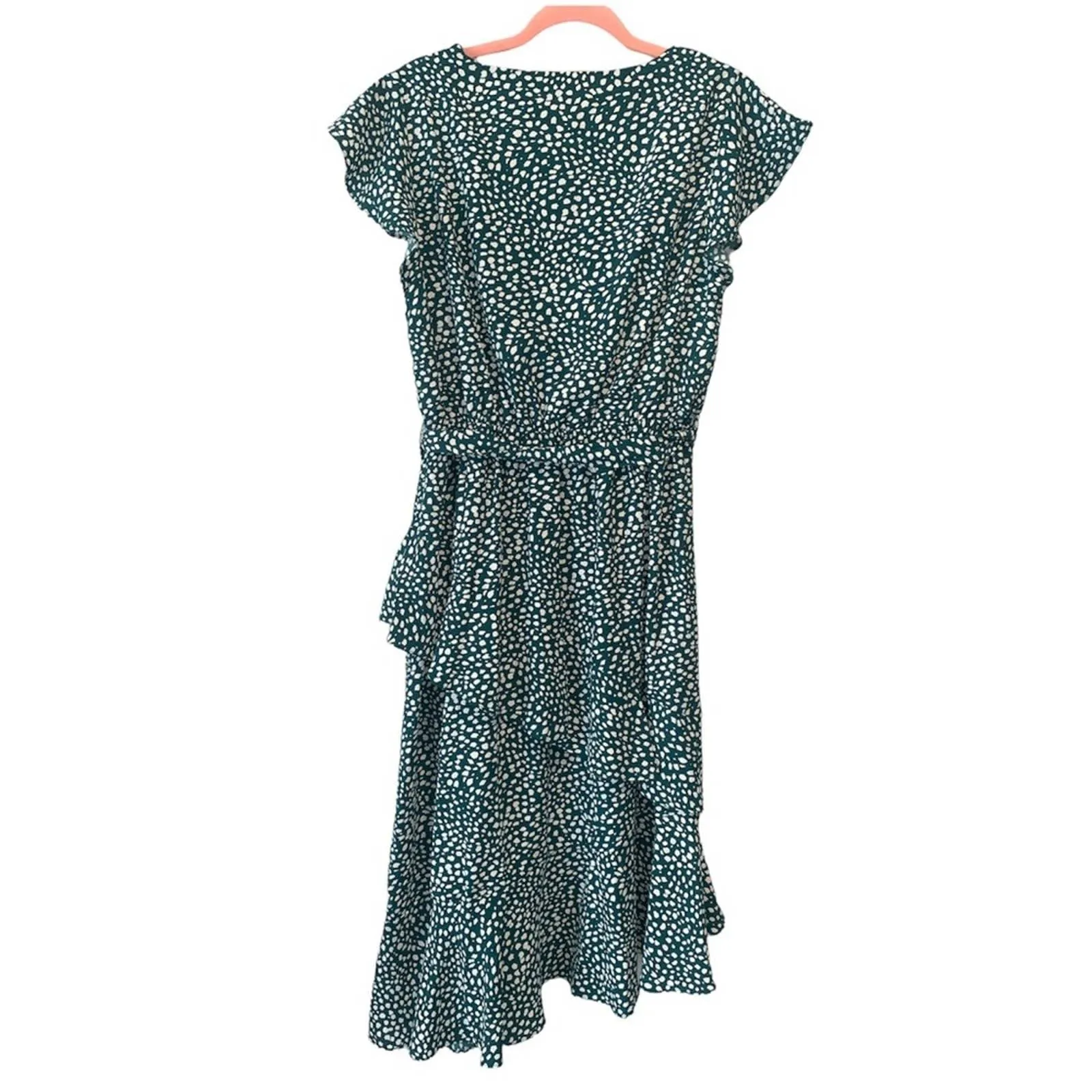 Large She   Sky Asymmetrical Green & White Polka Dot Ruffle Midi Dress