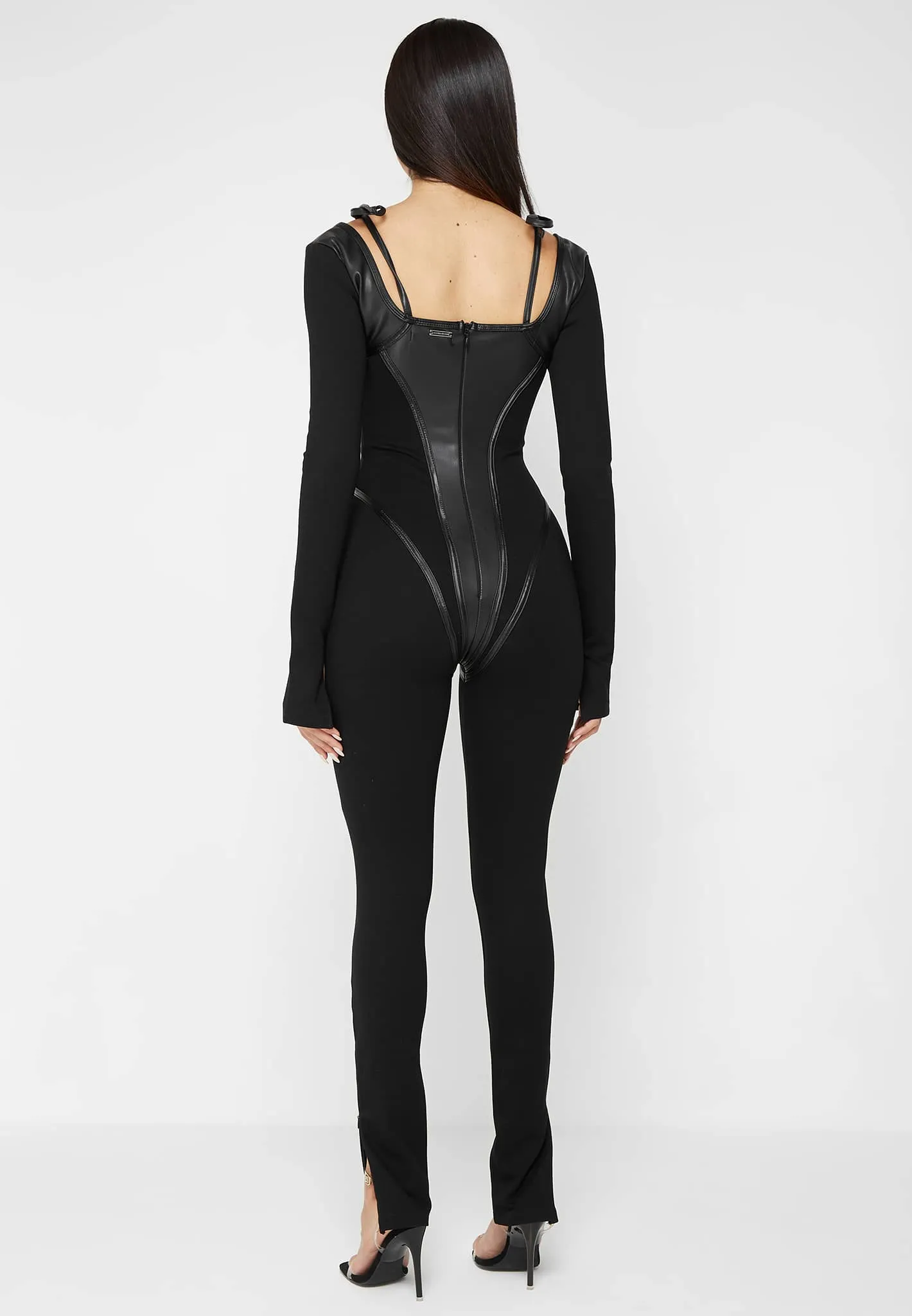 Leather and Bandage Corset Jumpsuit - Black