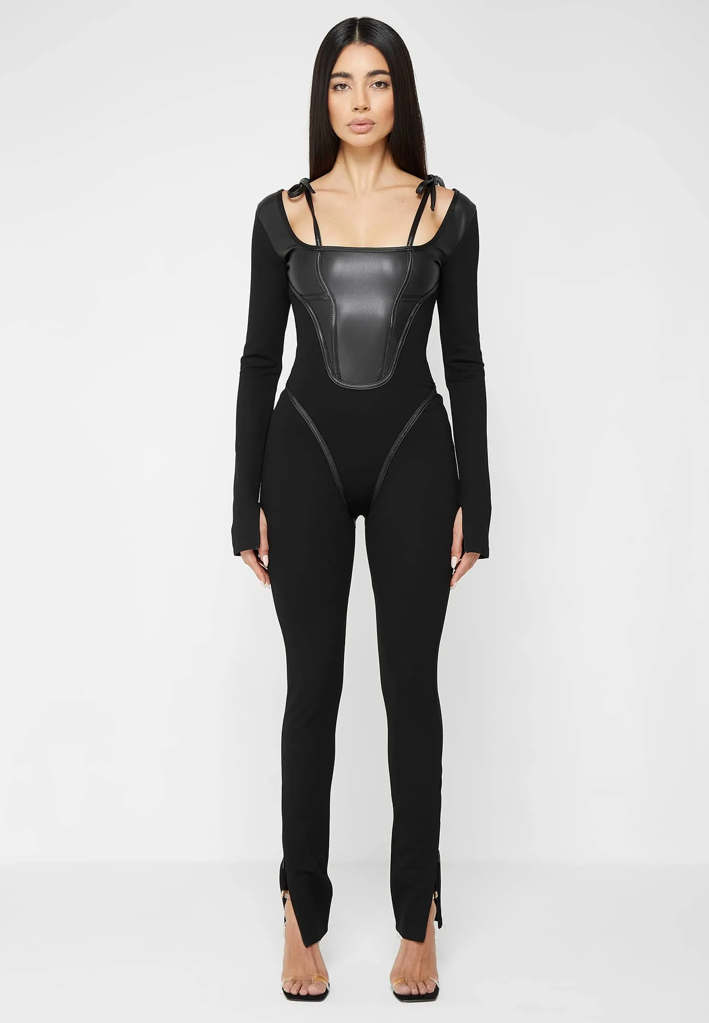Leather and Bandage Corset Jumpsuit - Black