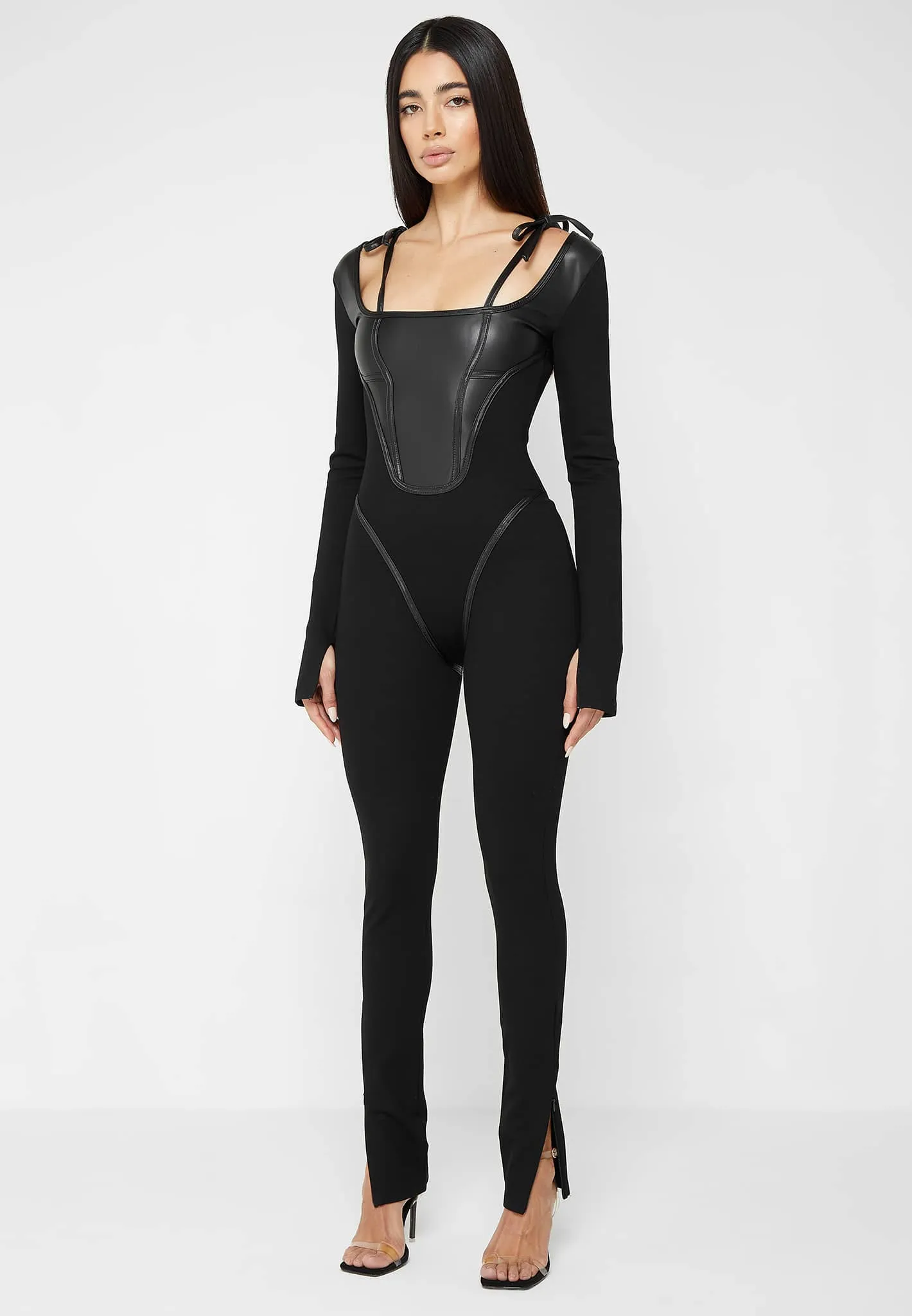 Leather and Bandage Corset Jumpsuit - Black