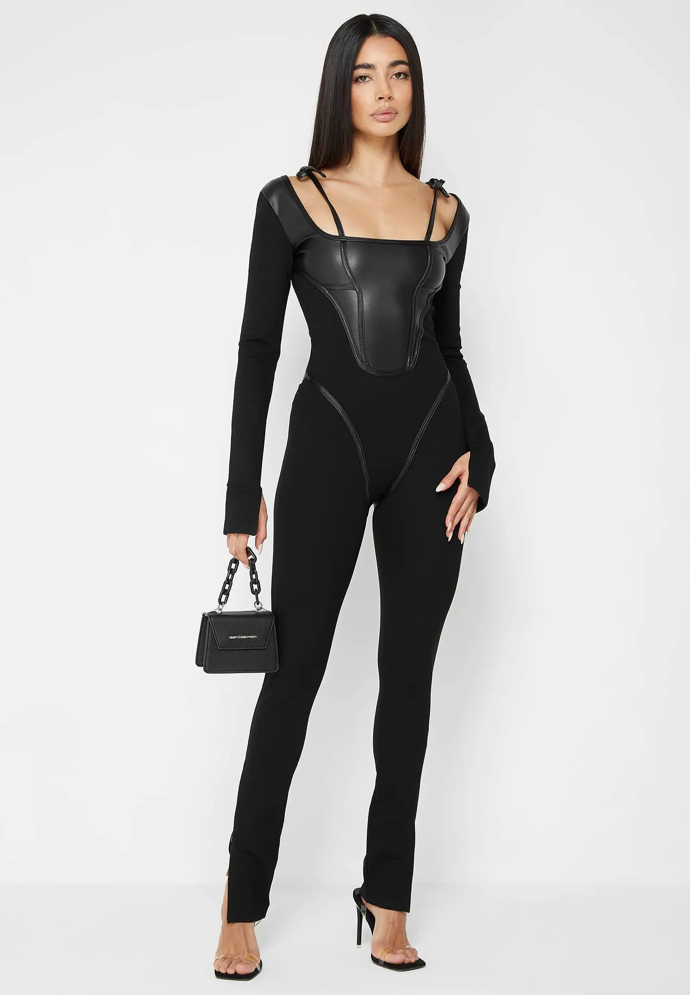 Leather and Bandage Corset Jumpsuit - Black
