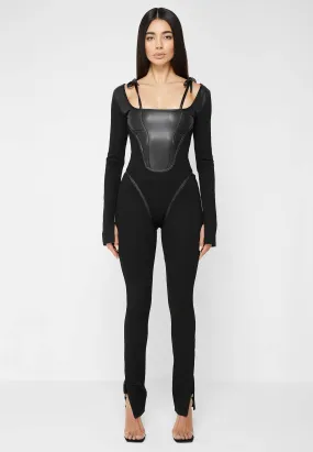 Leather and Bandage Corset Jumpsuit - Black