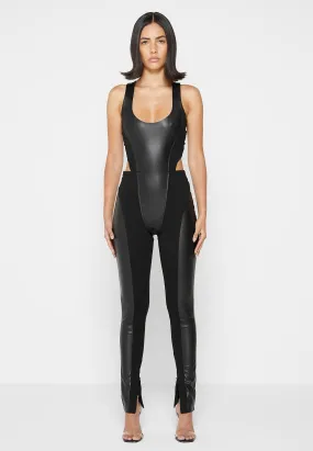 Leather Corset Lace Up Jumpsuit - Black