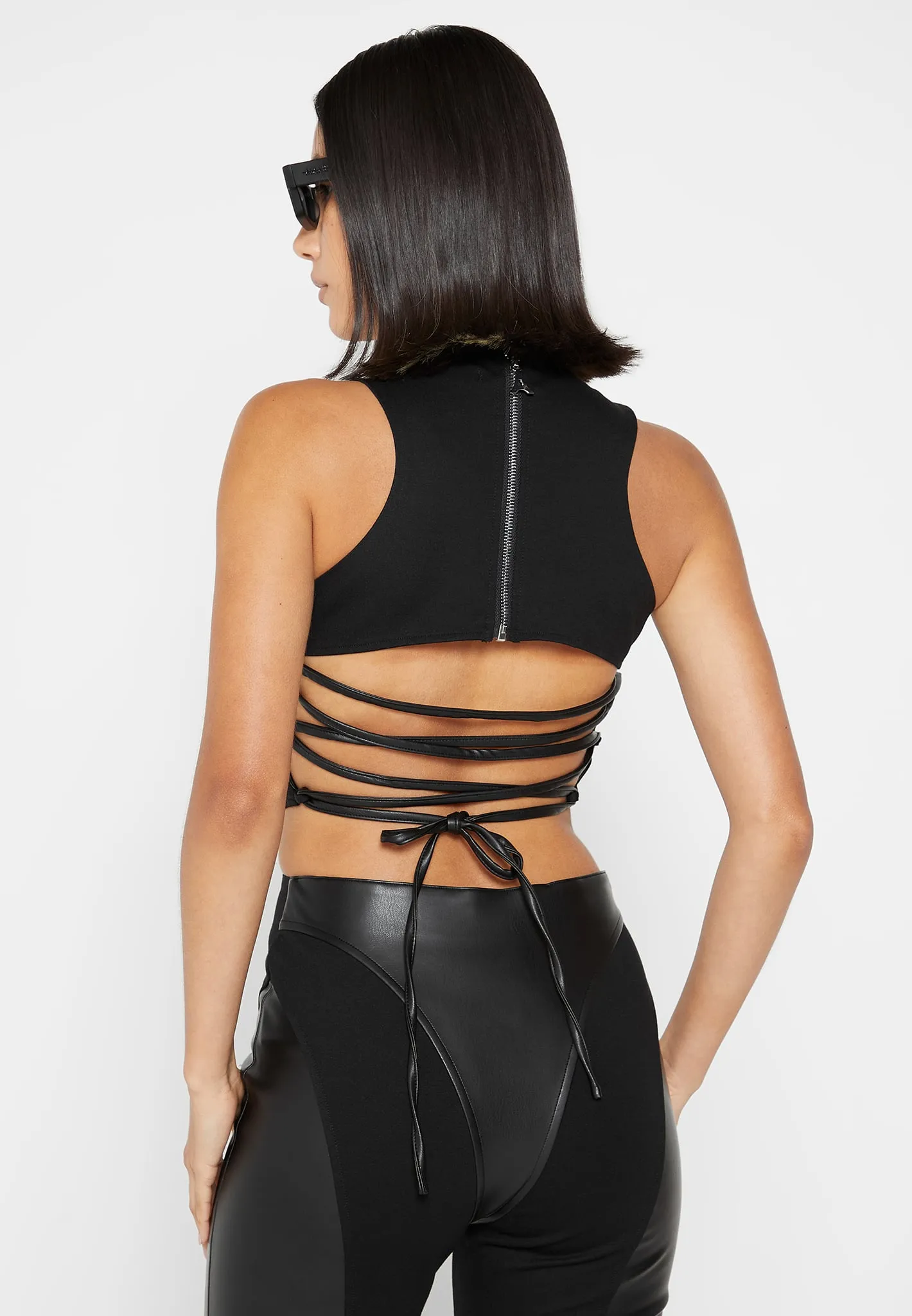 Leather Corset Lace Up Jumpsuit - Black