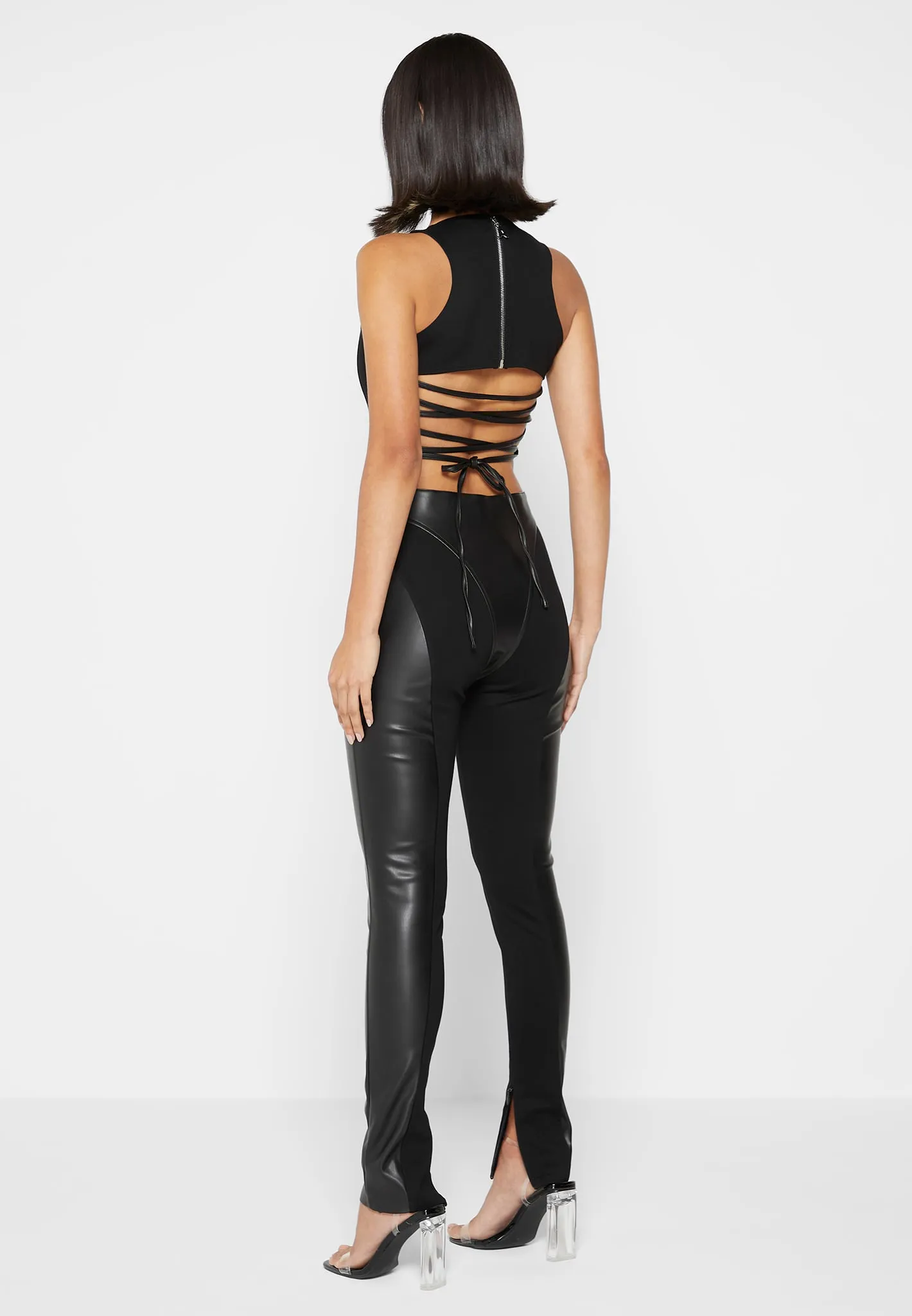 Leather Corset Lace Up Jumpsuit - Black