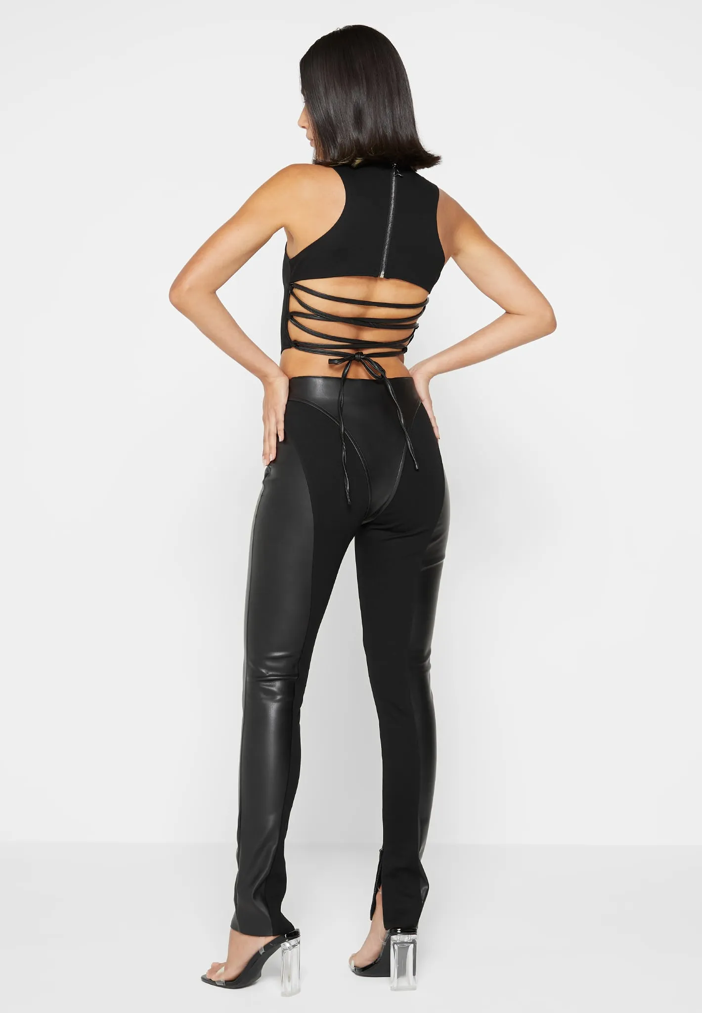 Leather Corset Lace Up Jumpsuit - Black