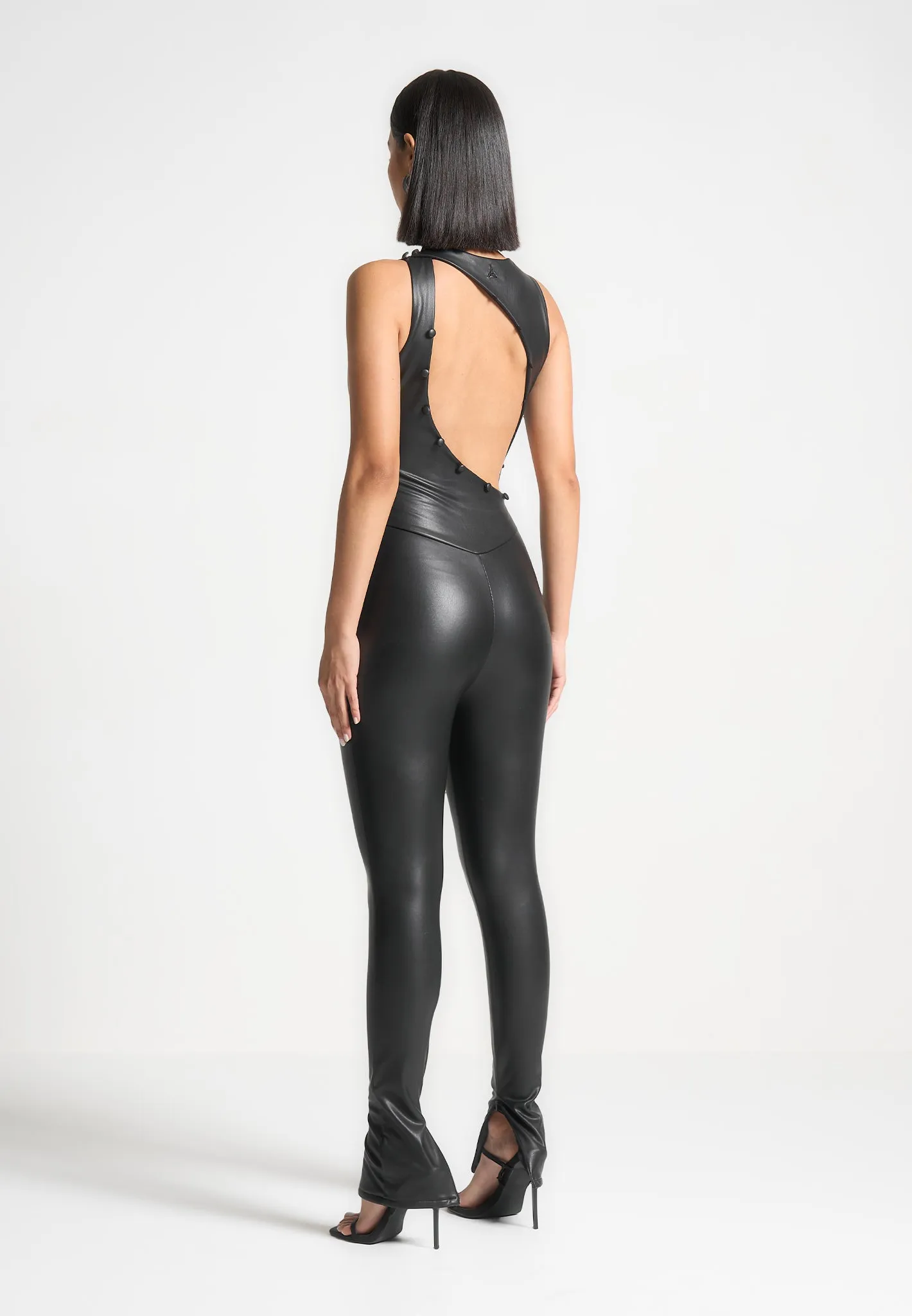 Leather Cut Out Button Detail Jumpsuit - Black
