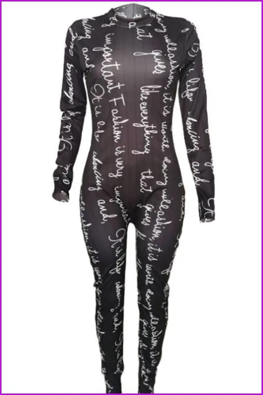 Letter Printed Black Long Sleeve Jumpsuit F1963