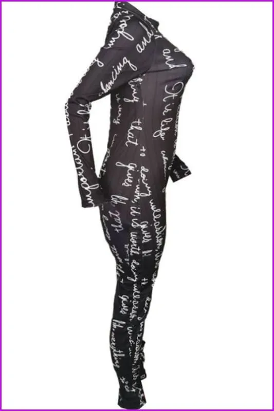 Letter Printed Black Long Sleeve Jumpsuit F1963