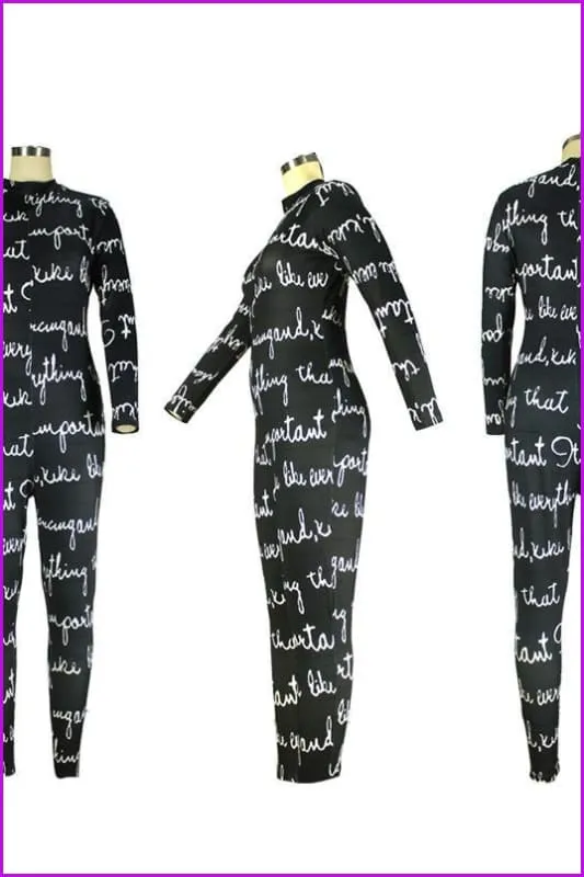 Letter Printed Black Long Sleeve Jumpsuit F1963
