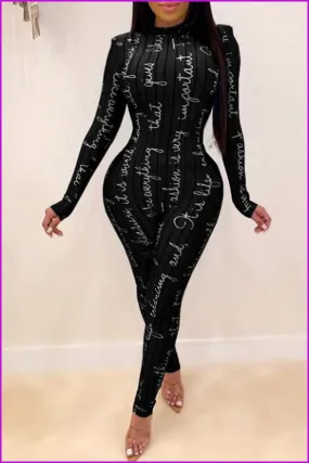 Letter Printed Black Long Sleeve Jumpsuit F1963