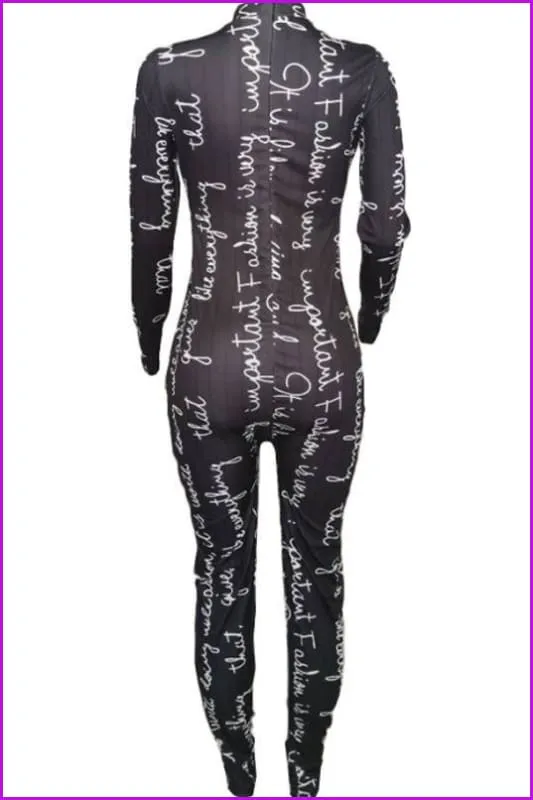 Letter Printed Black Long Sleeve Jumpsuit F1963