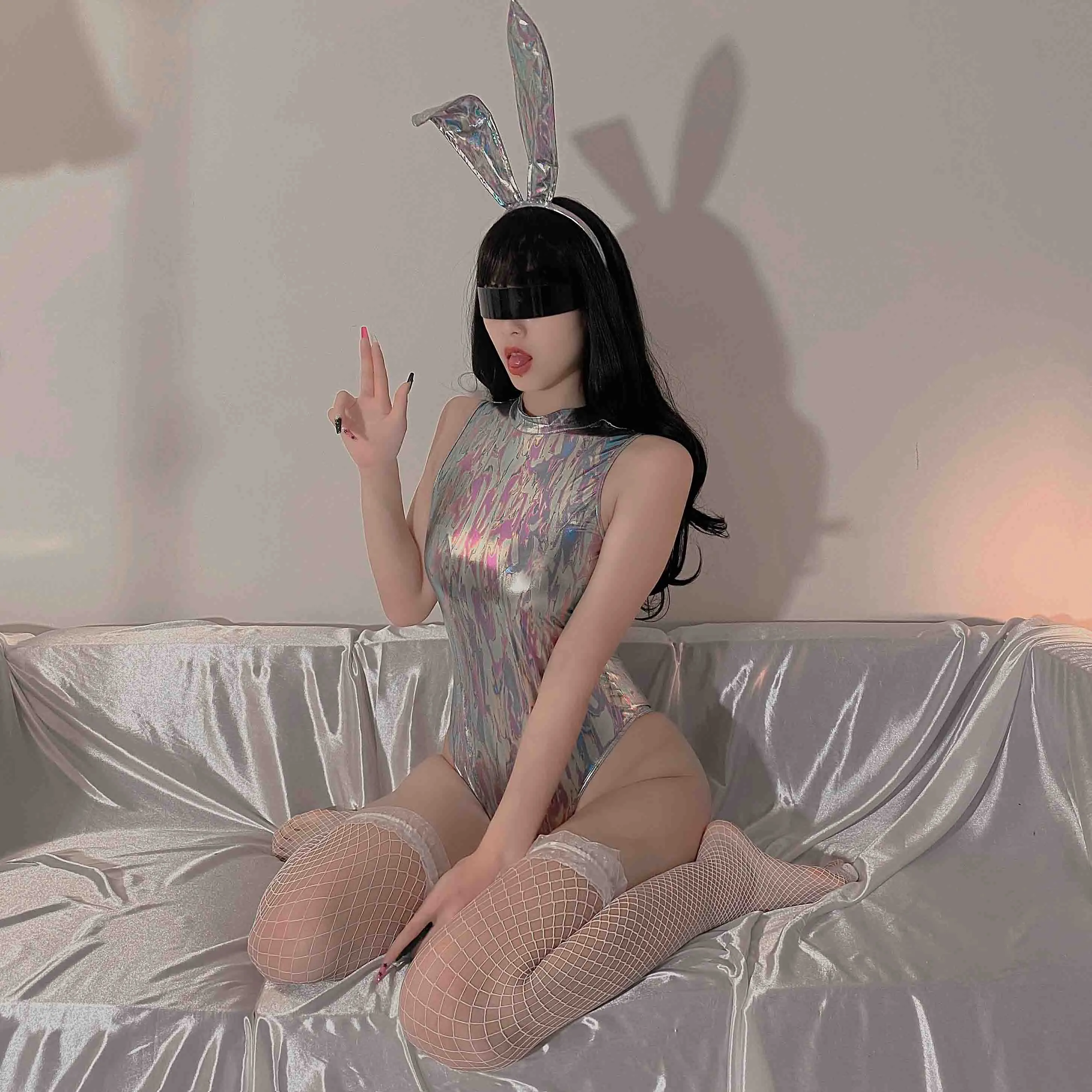 lovingocean Y-2025 Laser leather one-piece bunny uniform