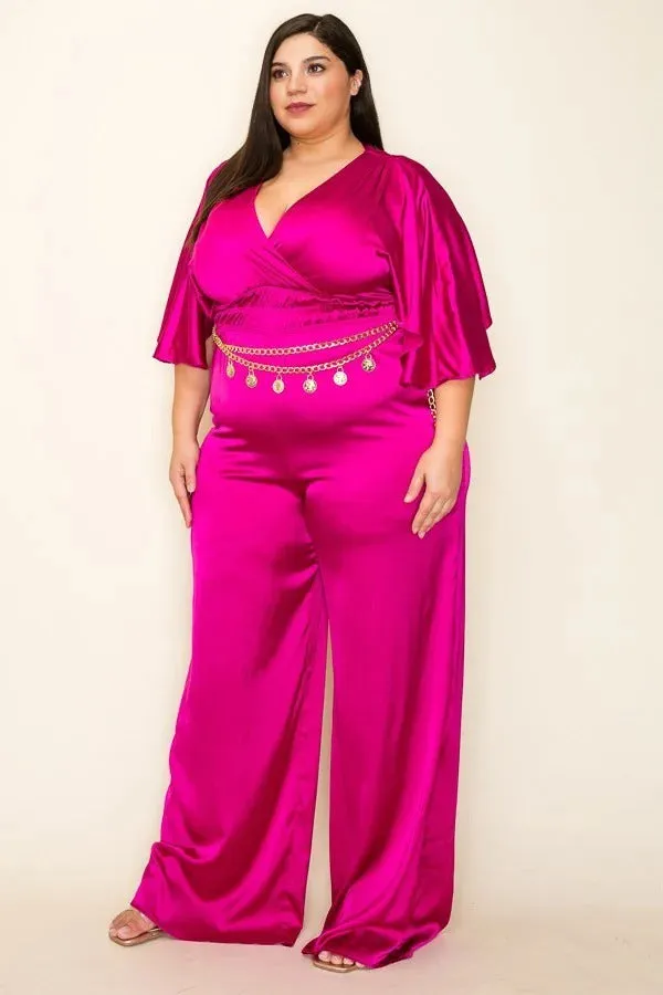 Magenta Satin Wrap Front Mid Sleeve Jumpsuit