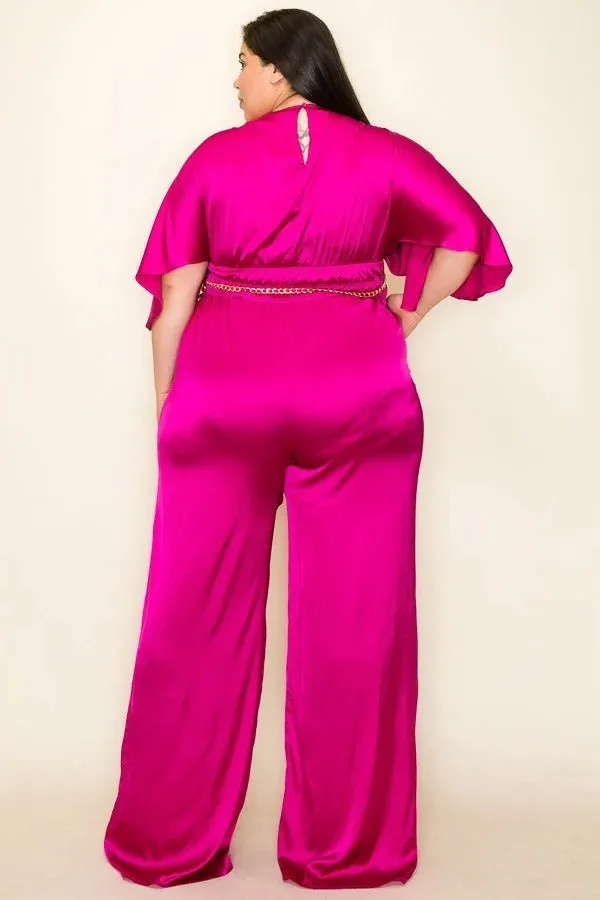 Magenta Satin Wrap Front Mid Sleeve Jumpsuit