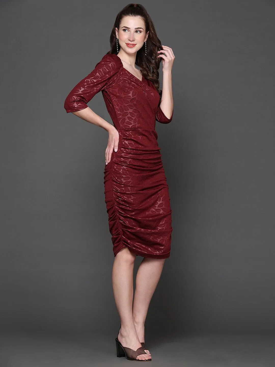 Maroon Floral Printed Bodycon Dress