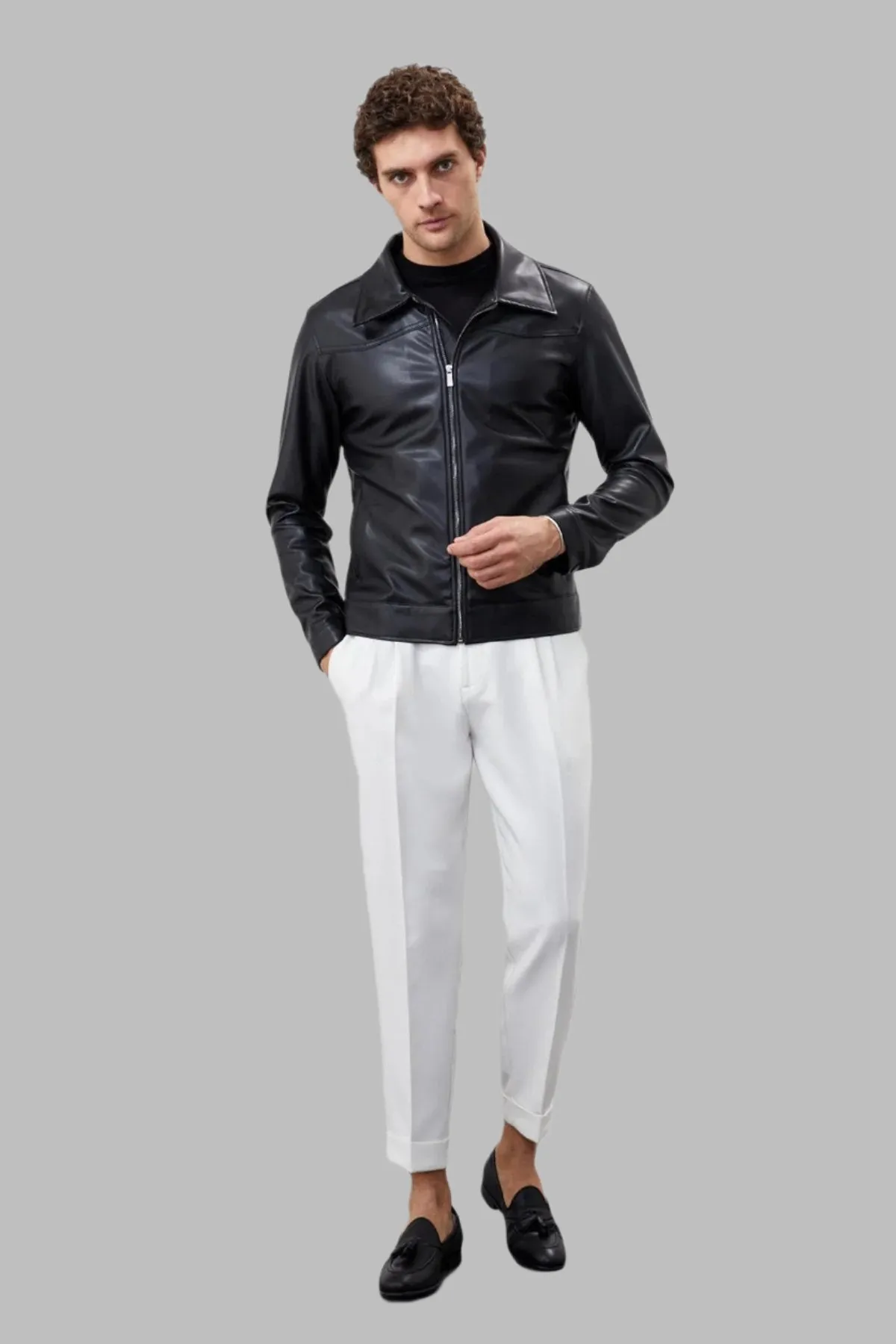 Men's Black Zippered Faux Leather Coat - Wessi