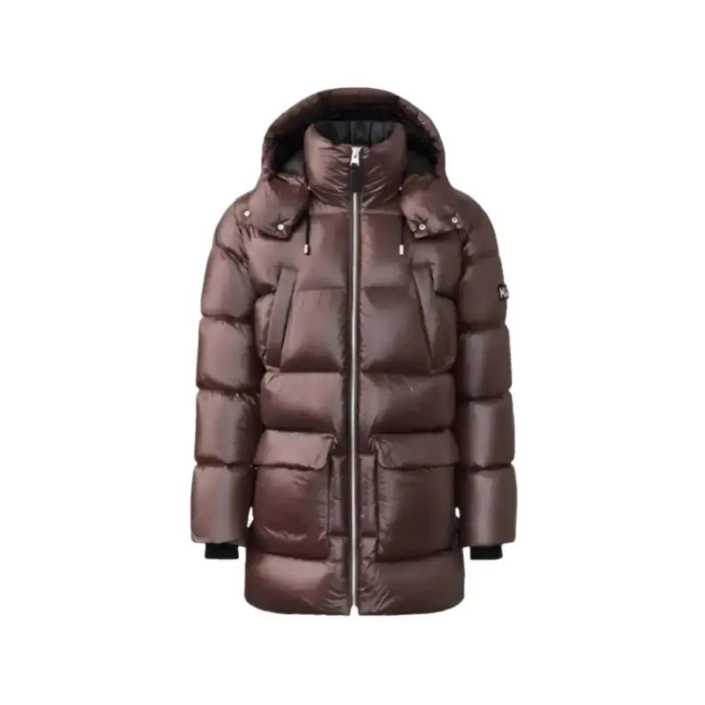 Men’s Chocolate Brown Trench Puffer Coat with Hood – Warm & Stylish