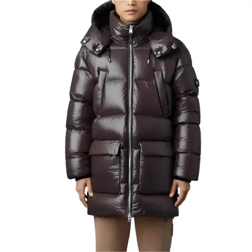 Men’s Chocolate Brown Trench Puffer Coat with Hood – Warm & Stylish