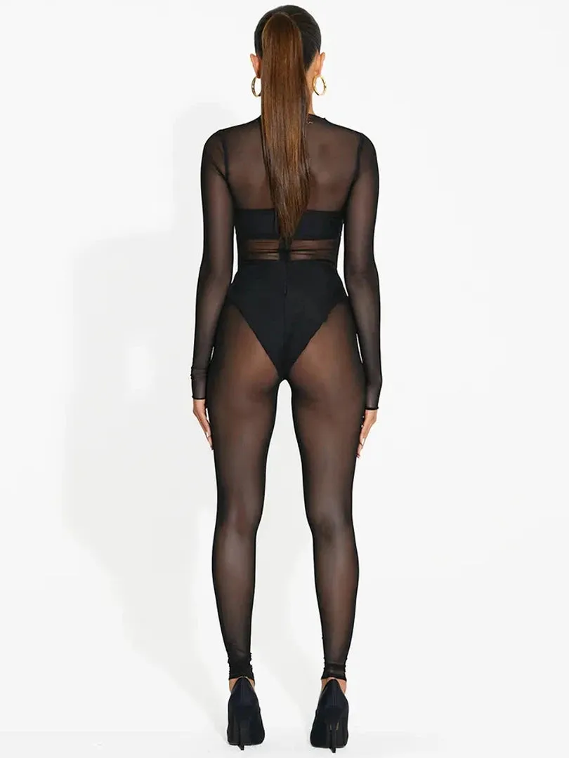 Mesh Long Sleeve Black Zip Up See Through  Jumpsuit