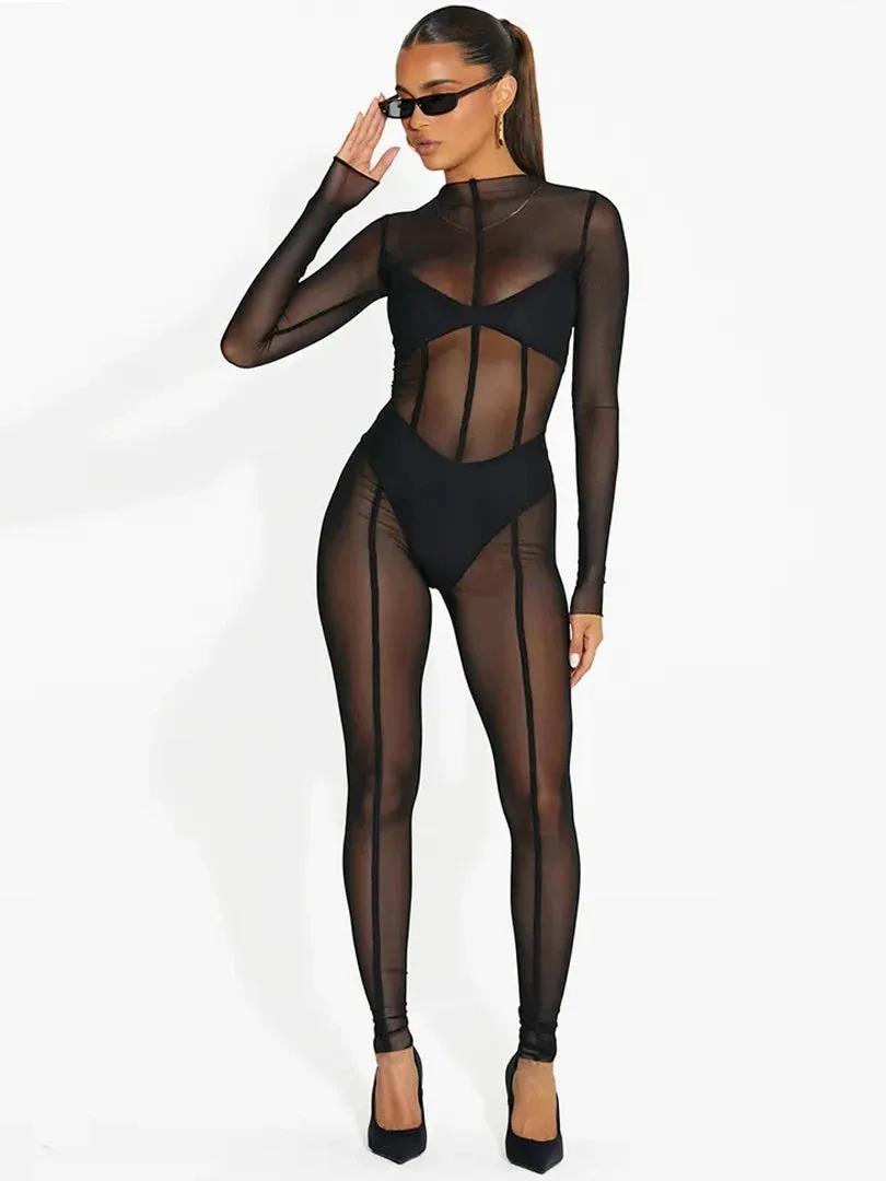 Mesh Long Sleeve Black Zip Up See Through  Jumpsuit