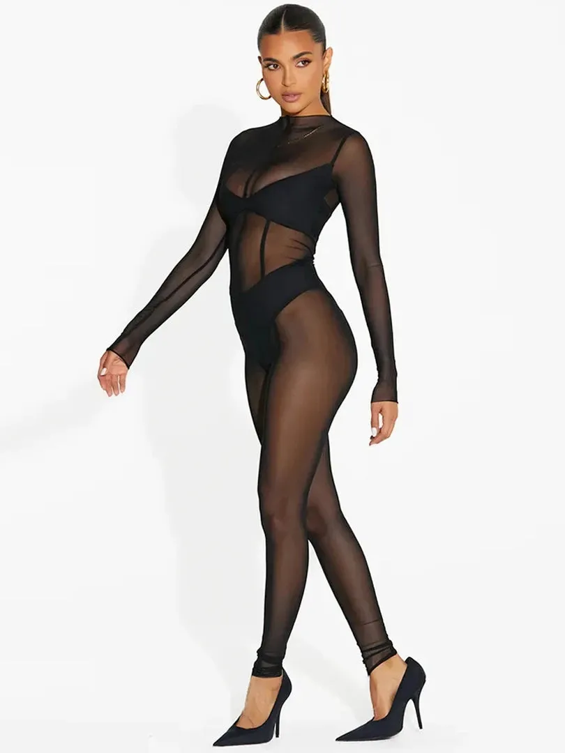 Mesh Long Sleeve Black Zip Up See Through  Jumpsuit