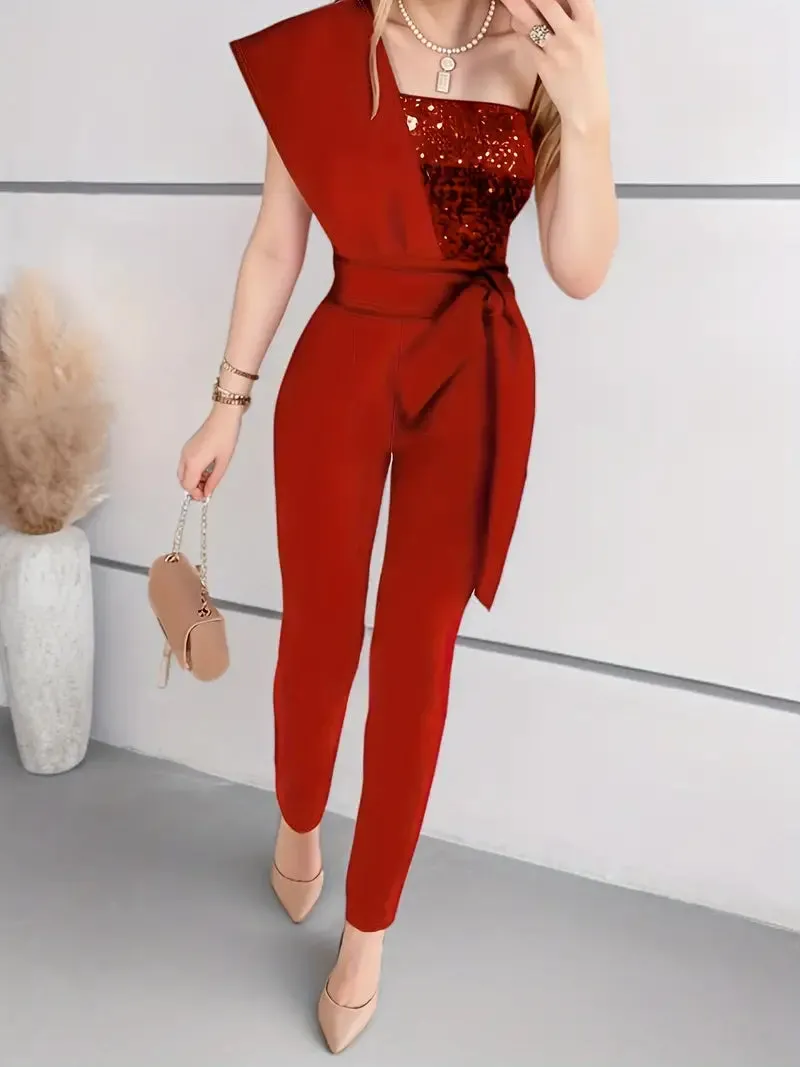 Millie - De elegante jumpsuit met één schouder, slanke pasvorm en pailletten