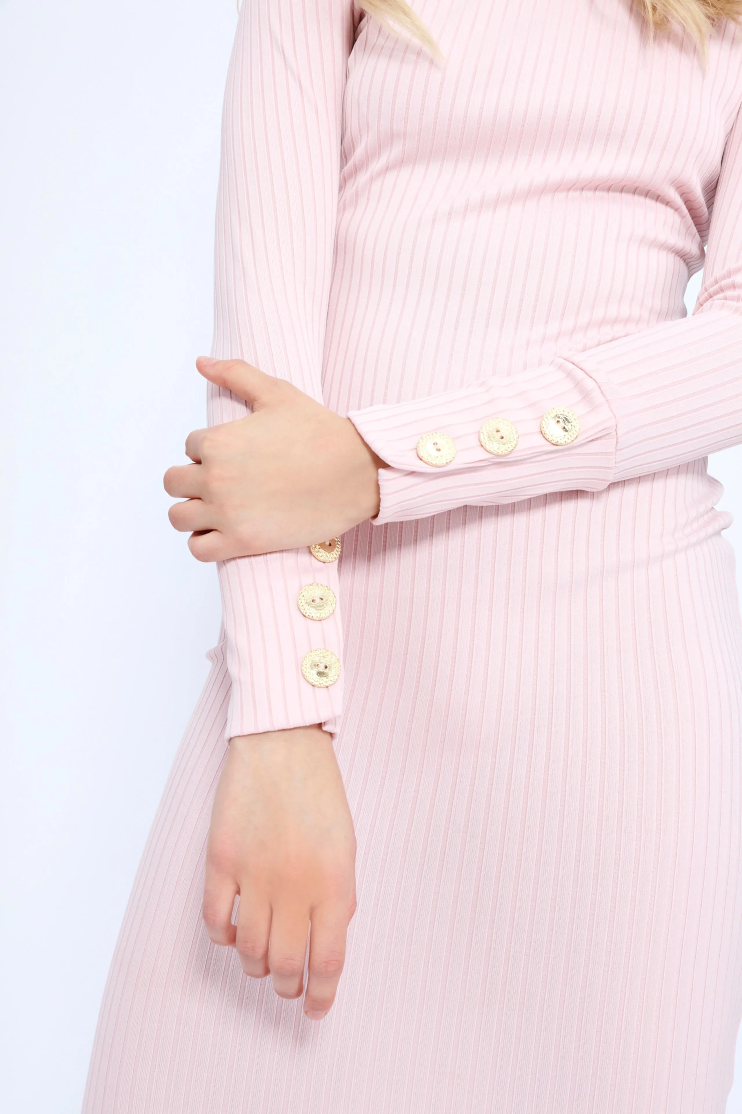 Nude Ribbed Midi Dress With Gold Button Sleeves