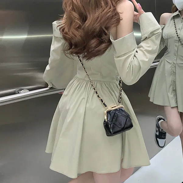 Off-The-Shoulder Fitted Single-Breasted Shirt Dress