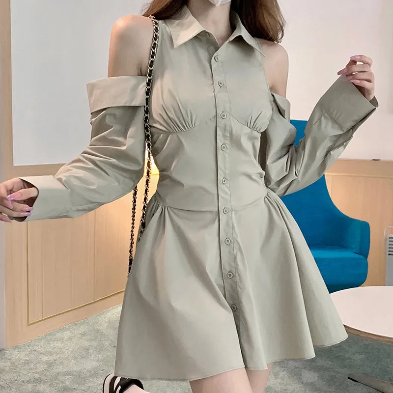 Off-The-Shoulder Fitted Single-Breasted Shirt Dress