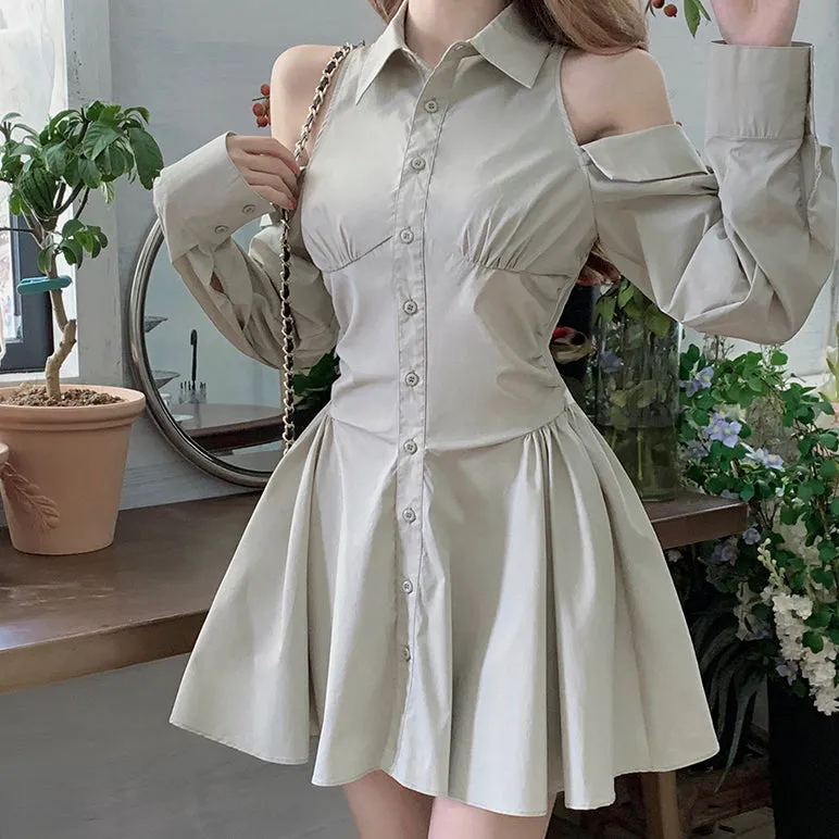 Off-The-Shoulder Fitted Single-Breasted Shirt Dress