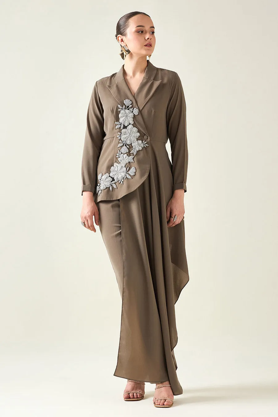 Olive Floral Embroidered Blazer Co-Ord Set