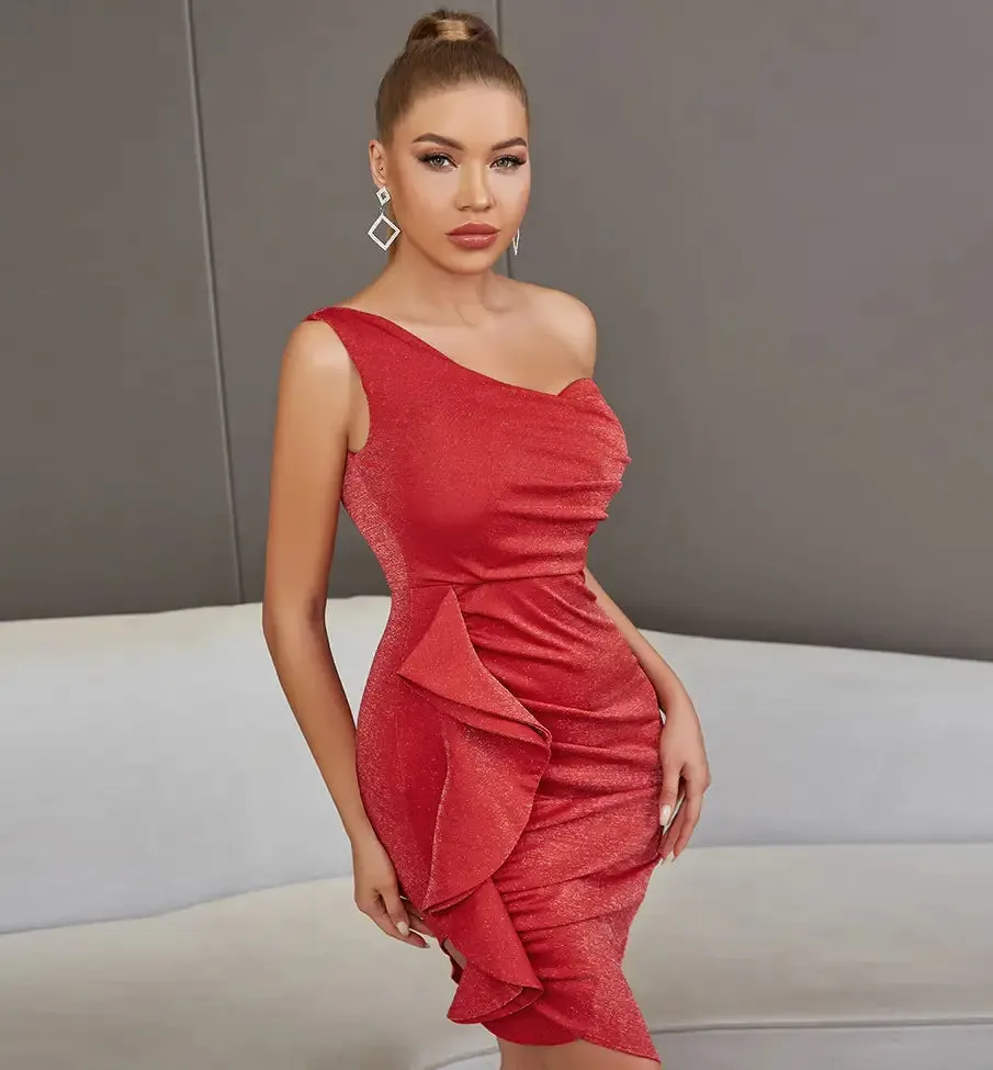 One Shoulder Ruffles Sleeveless Bodycon Red Midi Dress