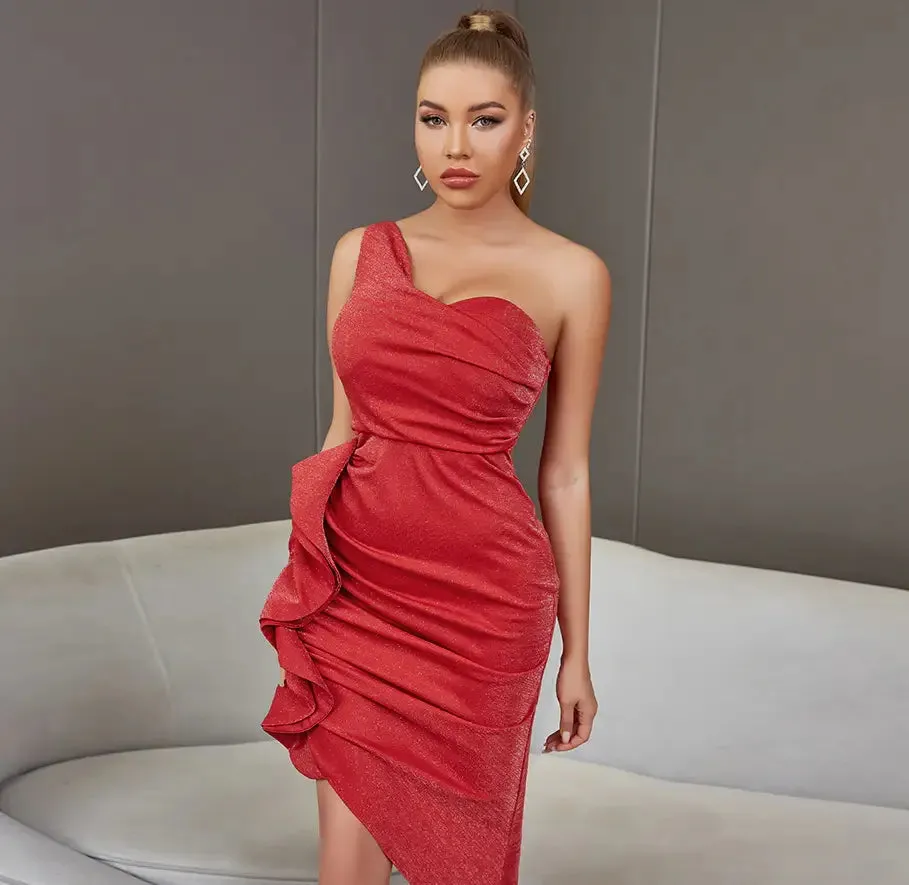 One Shoulder Ruffles Sleeveless Bodycon Red Midi Dress